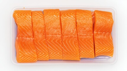 Freshly cut salmon fillets arranged in a clear tray, showcasing the vibrant orange hue and intricate textures of the raw fish. white background