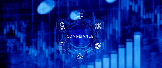 Compliance. Compliance concept with icons and text. Regulations, law, standards, requirements,...