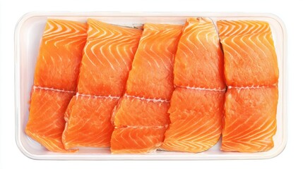Fresh salmon fillets are neatly arranged in a tray, showcasing the vibrant orange hue and appealing texture of this popular seafood choice, white background