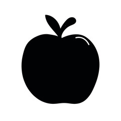 Simple black silhouette of a ripe apple with a stem and two leaves isolated on white background.