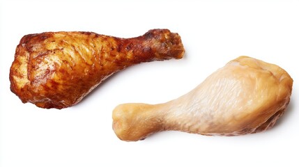 A pair of succulent roasted chicken leg alongside a raw chicken leg, a classic culinary image of contrast. Showing the difference of how to cook the chicken leg, white background