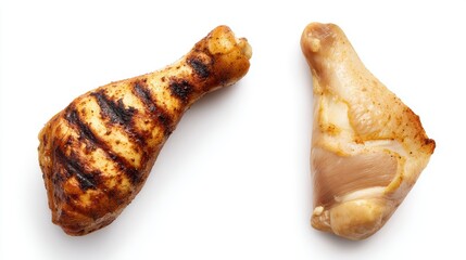 Two flavorful chicken drumsticks, one grilled to perfection with enticing char marks, the other golden-brown and crispy, sit side by side, white background