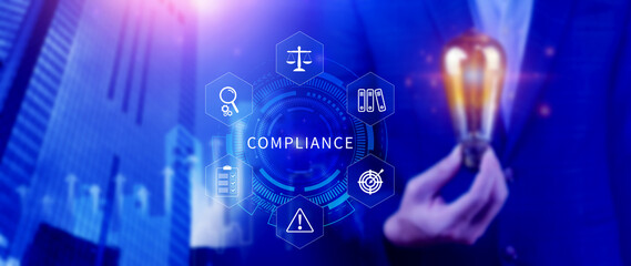 Compliance. Compliance concept with icons and text. Regulations, law, standards, requirements,...