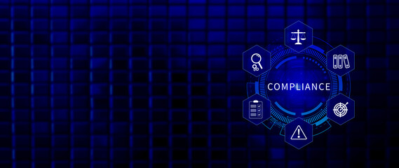 Compliance. Compliance concept with icons and text. Regulations, law, standards, requirements,...