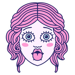 tattoo in traditional style of female face sticking out tongue in bright neon color