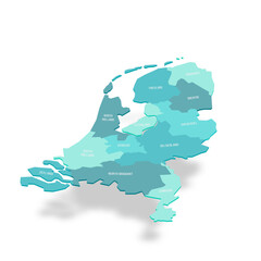 Obraz premium Netherlands political map of administrative divisions - provinces. 3D turquoise vector map with name labels.