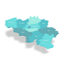 Belgium political map of administrative divisions - provinces. 3D turquoise vector map with name labels.