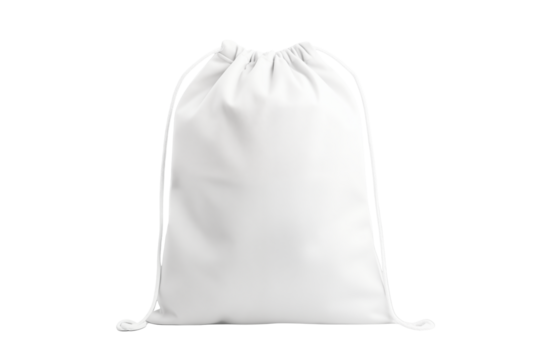 Simple white drawstring backpack, ideal for gym, sports, or promotional use on a transparent background.transparent PNG, isolated background