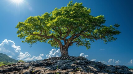 Obraz premium Solitary green tree atop a rocky hill, bathed in sunlight under a bright blue sky