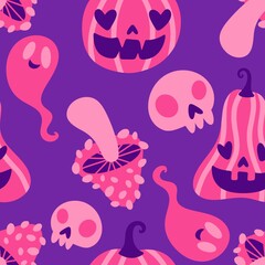 Autumn harvest vegetable seamless monster Halloween pumpkins pattern for wrapping paper and fabrics 
