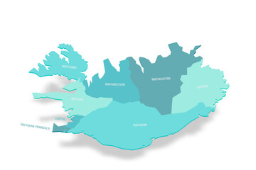 Iceland political map of administrative divisions - regions. 3D turquoise vector map with name labels.