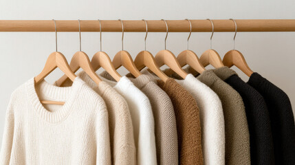 Still life of ethical clothing on wooden rack, soft linen, hemp, and organic cotton pieces in calm neutral palette, editorial flatlay with emotional tone