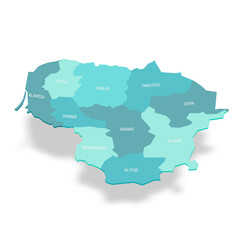 Lithuania political map of administrative divisions - counties. 3D turquoise vector map with name labels.