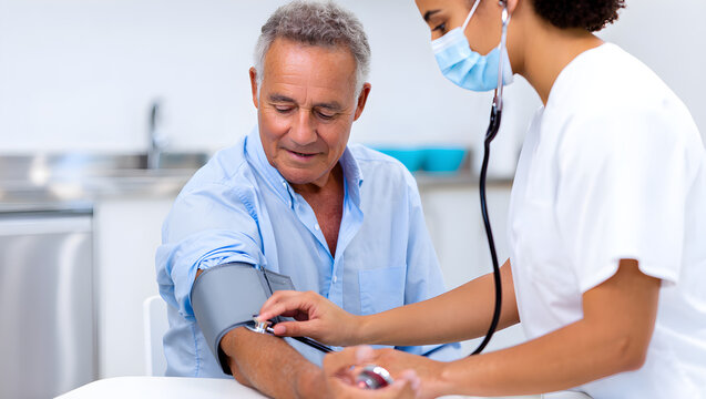 Young nurse measuring blood pressure of a smiling senior man during a routine medical examination in a clinic setting - Powered by Adobe