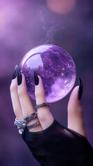 Naklejka premium Enchanted witch hand with mystical glowing crystal ball for halloween magic