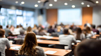 Fototapeta premium Session of Government. Conference room or seminar meeting room in business event. Academic classroom training course in lecture hall. blurred businessmen talking. modern bright office indoor