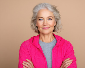 Studio portrait of middle aged woman wearing stylish athleisure, standing with arms crossed, confident and calm expression, soft background tones