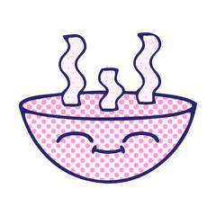 comic book style cartoon of a bowl of hot soup in bright neon color
