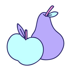 cartoon of an apple and pear in bright neon color