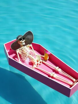 Skeleton relaxing in pink coffin boat on water, funny surreal summer vacation concept, creative dark humor scene, skeleton with hat and drink, unique spooky holiday idea