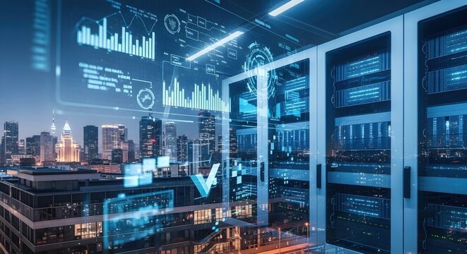 Data center servers with cityscape view. Financial graph and dashboard interface over blur city. Global business and technology internet connection.