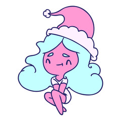 hand drawn christmas cartoon of kawaii girl in bright neon color