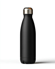 Isolated on white background, premium stainless steel water bottle in matte black finish, standing upright, clean product packaging, realistic photo, soft natural shadow, award-winning composition