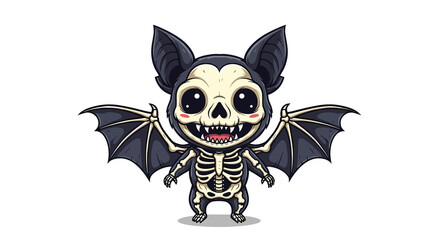 Spooky but cute skeleton black bat - isolated white background chibi illustration