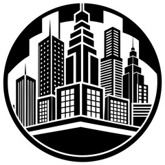 Stylized black and white cityscape silhouette with various skyscrapers within a circle isolated on white background