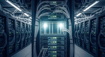 Modern computer server rack with cables and blinking lights inside a data center. Network infrastructure for cloud computing and internet