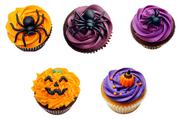 Delicious halloween cupcakes featuring spooky spiders and pumpkin decorations, perfect for celebrating the holiday