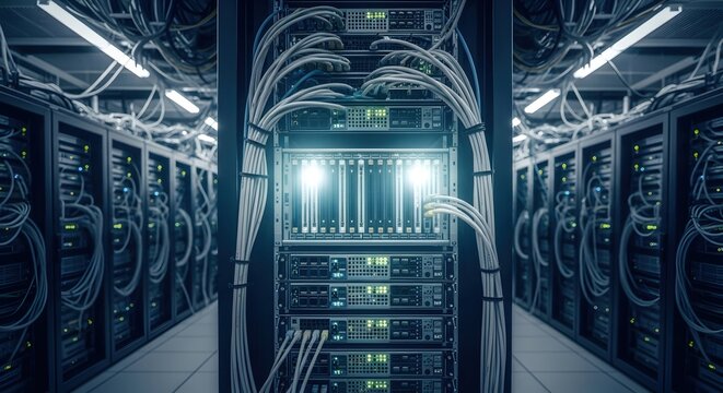 Modern computer server rack with cables and blinking lights inside a data center. Network infrastructure for cloud computing and internet