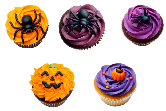 Delicious halloween cupcakes featuring spooky spiders and pumpkin decorations, perfect for celebrating the holiday
