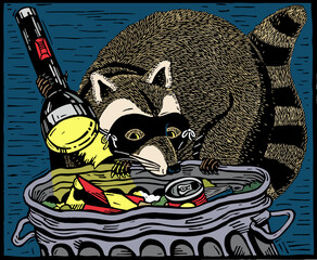 Burglar Raccoon with Flashlight Searching Trash – Woodcut Style Illustration © Streetworks