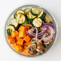 A top-down photo of a clean, transparent round plastic container with a clear lid filled with fresh prepped vegetables for roasting: cubed sweet potato, thick-cut zucchini slices, red onion wedges