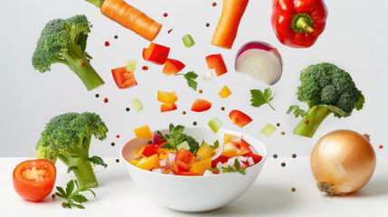 Professional food photography of whole fresh vegetables falling into a white bowl, transforming into chopped pieces as they land. Motion capture style showing vegetables mid-air above the bowl - w