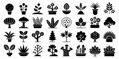 Collection of stylized potted plants and trees in a simple silhouette design isolated on white background
