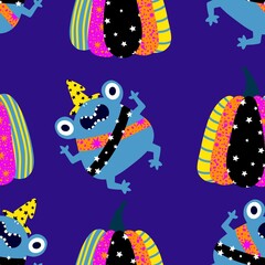 Halloween animals cartoon seamless frogs monsters pattern for wrapping and kids clothes print and party accessories