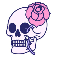 iconic tattoo style image of a skull and rose in bright neon color