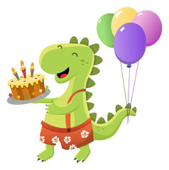 Cute Dinosaur With Birthday Cake And Balloons