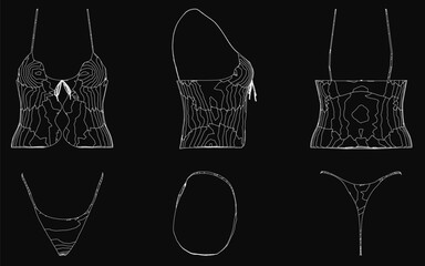 Various dress designs sketched in detailed illustrations, featuring elegant silhouettes and stylish patterns. The collection includes casual, formal, and lingerie-inspired underwear designs.