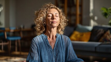 Serene middle-aged woman meditating indoors with sunlight streaming in, embodying mindfulness and inner peace in a calming setting