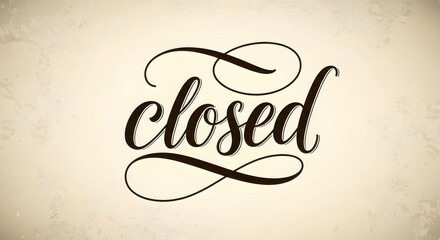 Calligraphy closed sign with swirl ornaments on beige background. For temporary business hours, announcement, event.
