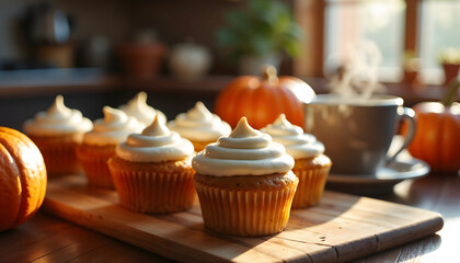 Pumpkin spice muffins with cream cheese frosting in rustic kitchen  