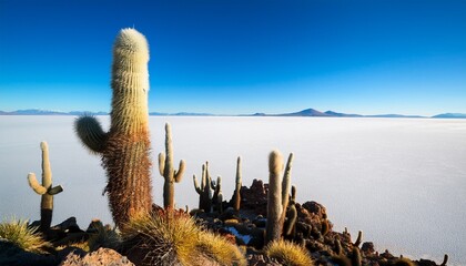 giant cactus on isla incahuasi in salar de uyuni bolivia surrounded by hundreds of tall cactus in the desert landscape