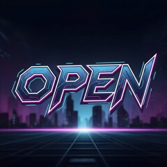 Open neon sign with city skyline background. Luminous text for business hours, store front, club, or night event.