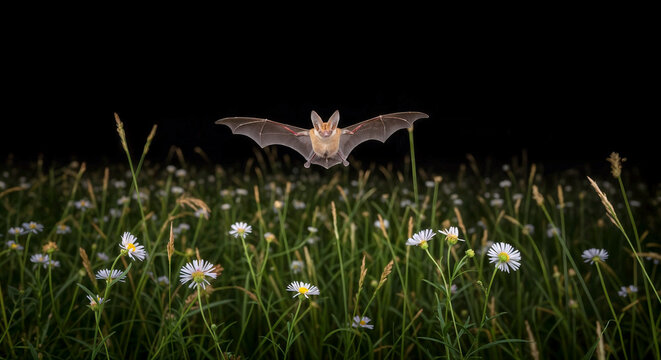 a brown long eared bat (plecotus auritus) flying above white flowers at night