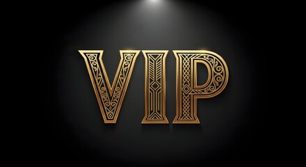 Golden ornate VIP text on black background with spotlight. Special access and exclusive event concept. Premium membership card for luxury.