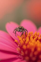 Macro Photo of Colorful Spider on Flower Petal with Pastel Bokeh Background