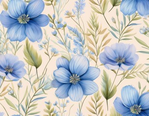 Obraz premium botanical watercolor seamless pattern with blue flowers floral pastel background delicate floral and herb illustration